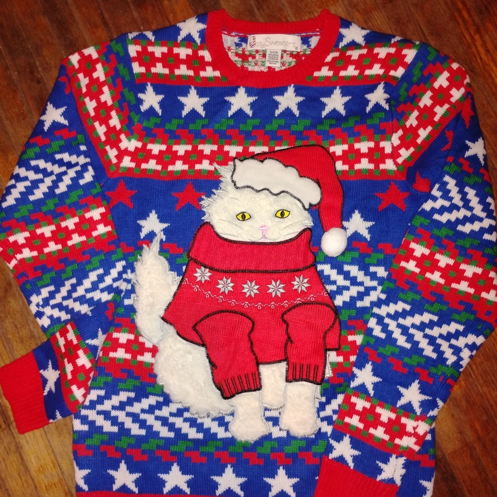 Festive Cat Turtleneck Sweater - Red, Blue, Green